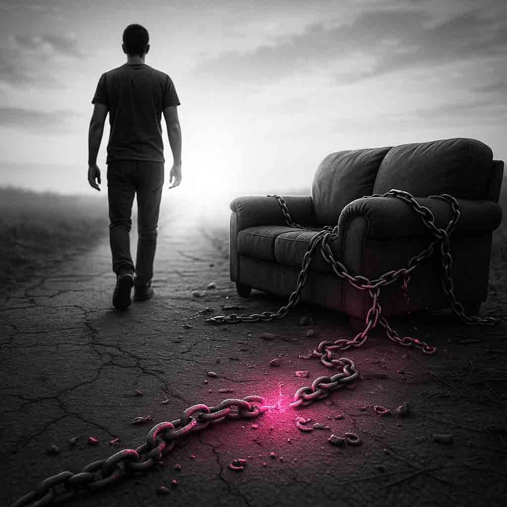 Hombre saliendo de la sofa con cadena