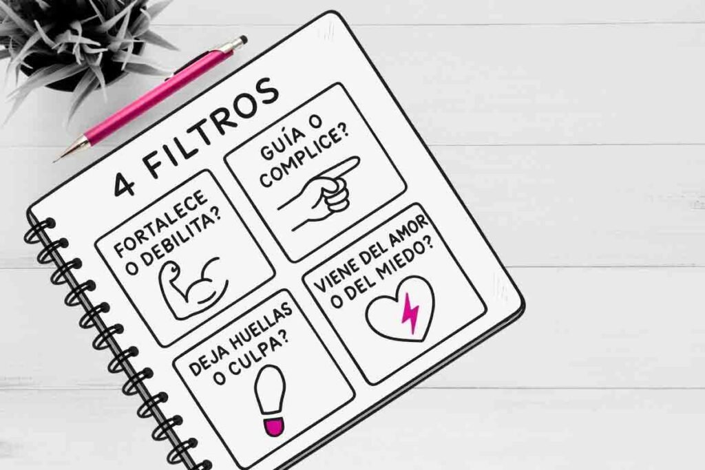 Ilustración tipo libreta de apuntes con cuatro recuadros que muestran preguntas clave para una crianza consciente. Diseño simple con acentos fucsia.
