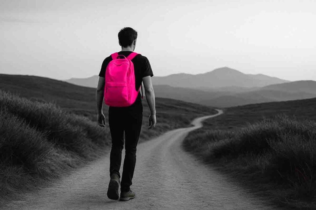 Joven caminando solo con mochila fucsia por un sendero que se pierde en el horizonte. Paisaje abierto, simbólico.