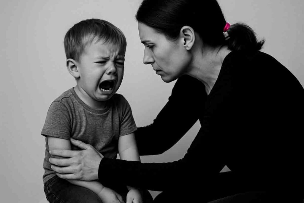 Madre inclinada frente a su hijo haciendo un berrinche, intentando calmarlo mientras él llora intensamente