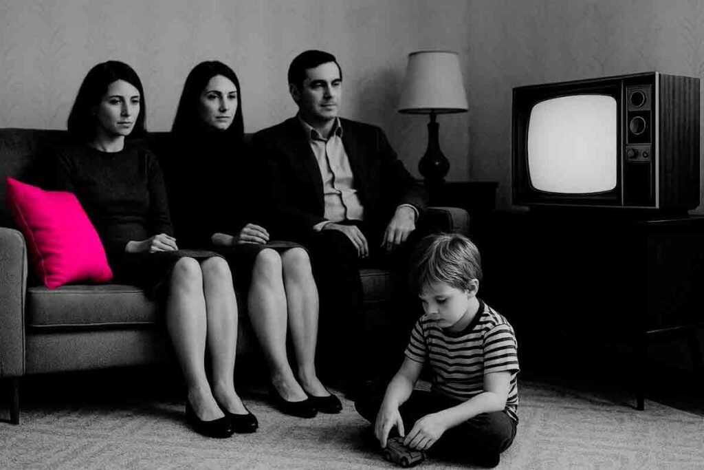 Sala familiar antigua con padres e hijos mirando televisión en silencio, sin interacción entre ellos. Estilo vintage.